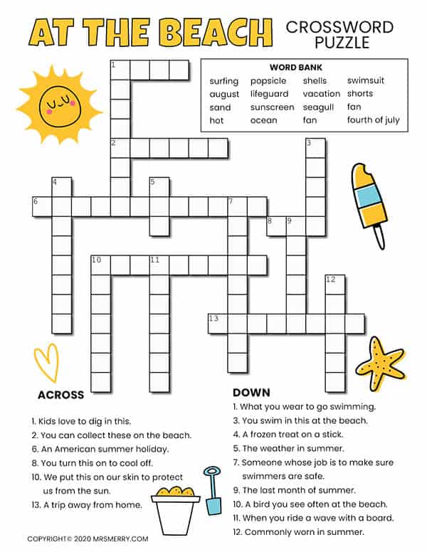 Beach Printable Crossword Puzzle For Kids - Mrs. Merry